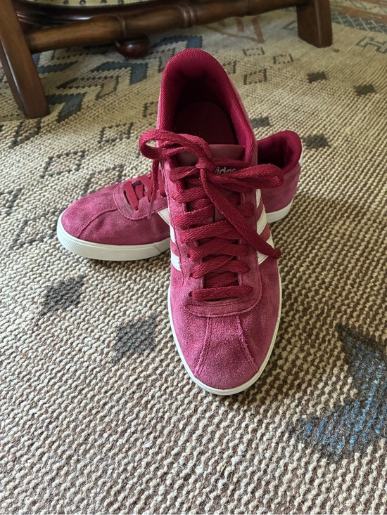 adidas Shoes - adidas Women's Maroon Suede Sneakers with White Stripes